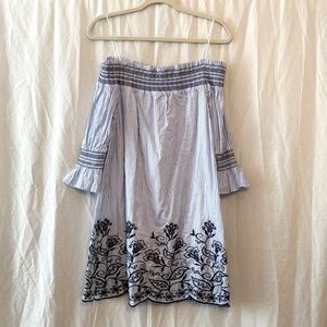Altar’d State Off the Shoulder French Blue Striped and  Embroidered Dress